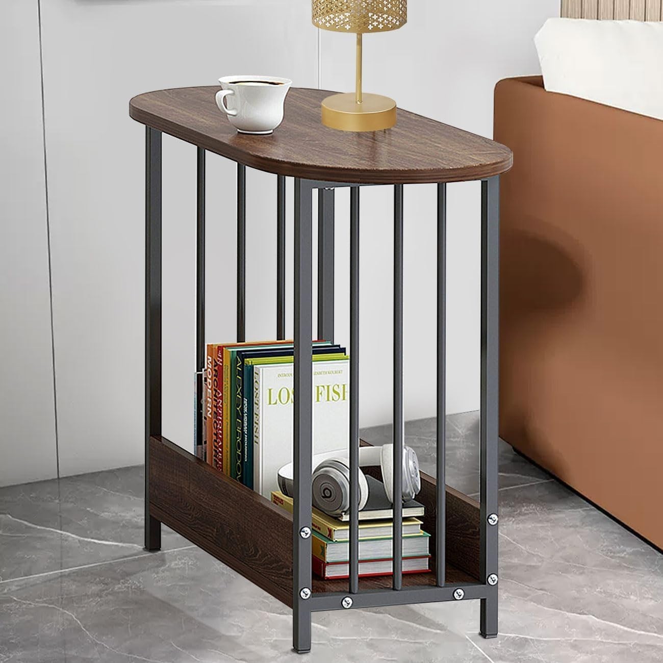 Slim C-Shaped Sofa Side Table – Narrow Black End Table for Small Spaces