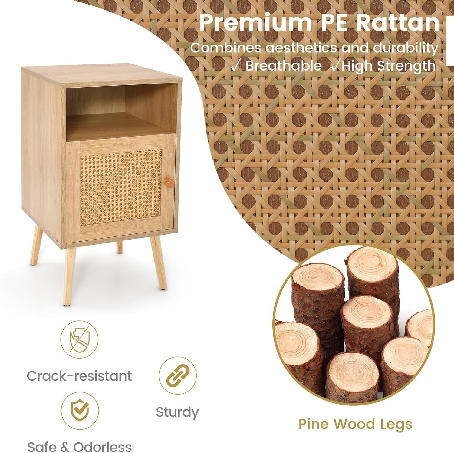 Set of 2 Natural Wood Bedside Tables with Rattan Door & Shelf