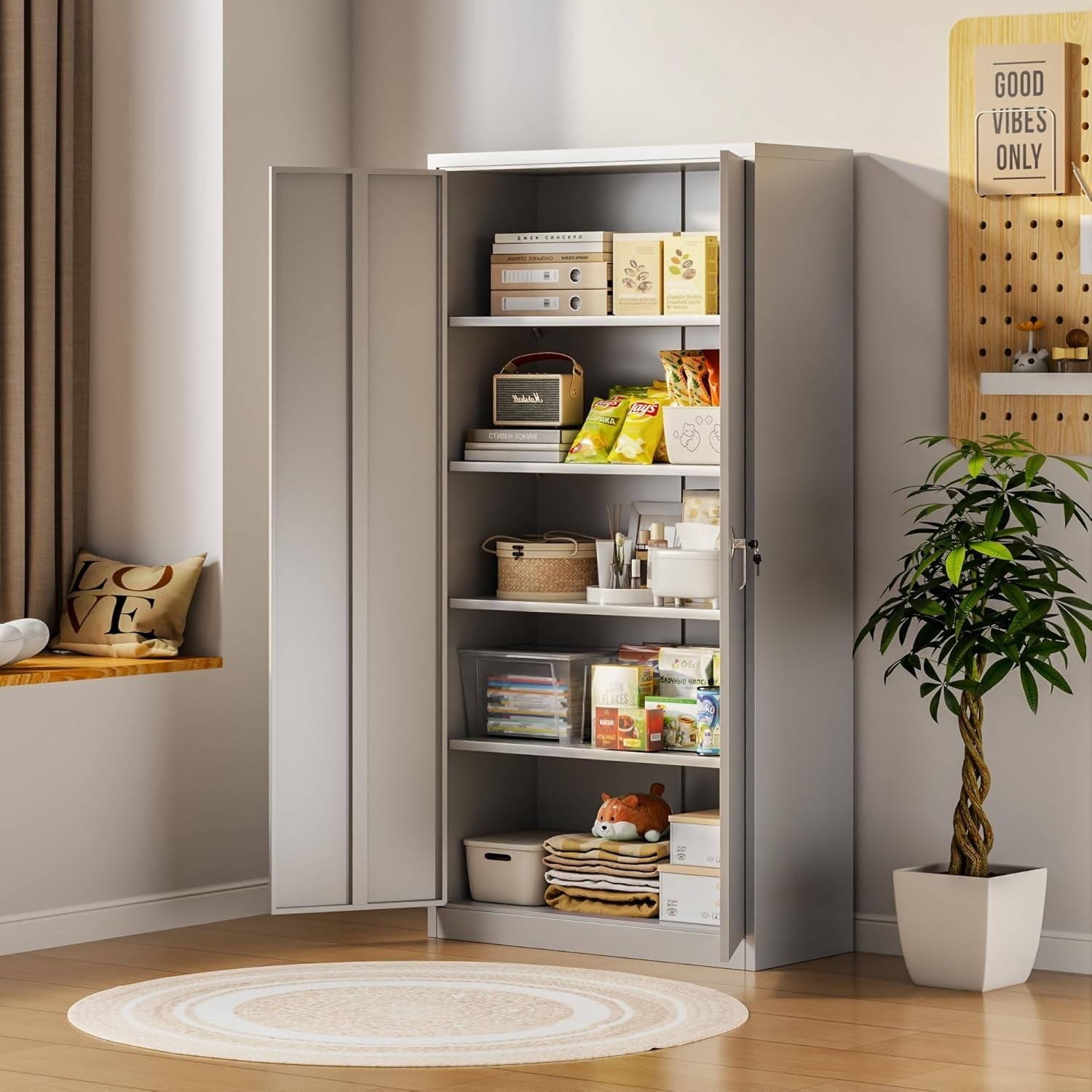 Lockable Metal Storage Cabinet 2 Doors 2 Adjustable Shelves 180cm