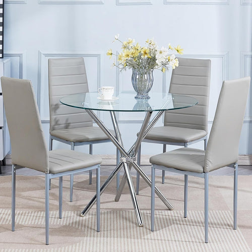Round Glass Dining Table Set 4 Grey Faux Leather Chairs Compact Kitchen