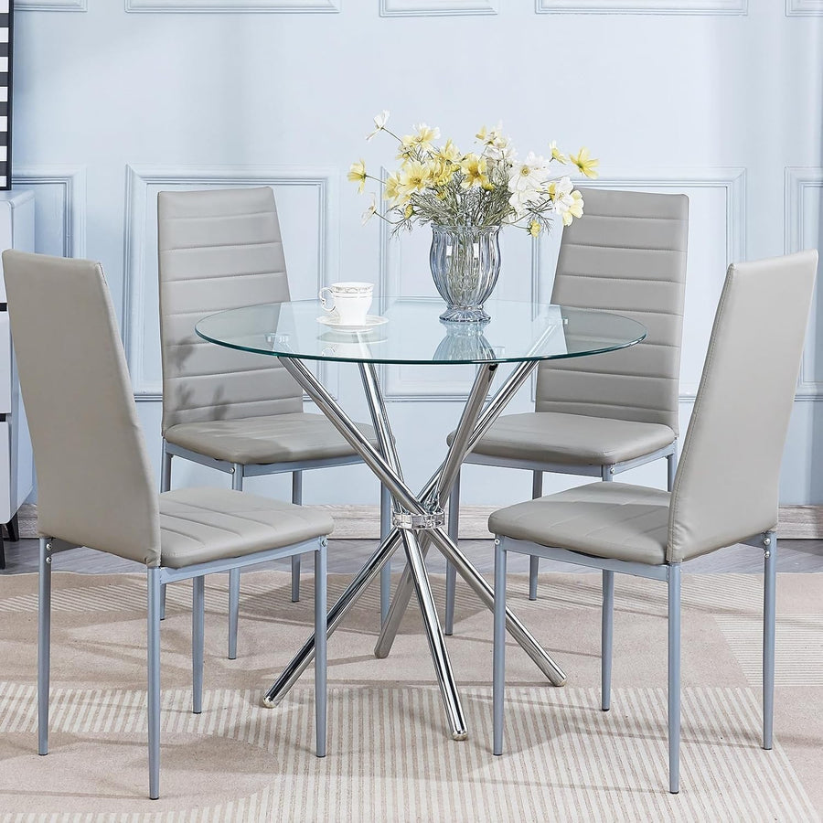 Round Glass Dining Table Set 4 Grey Faux Leather Chairs Compact Kitchen