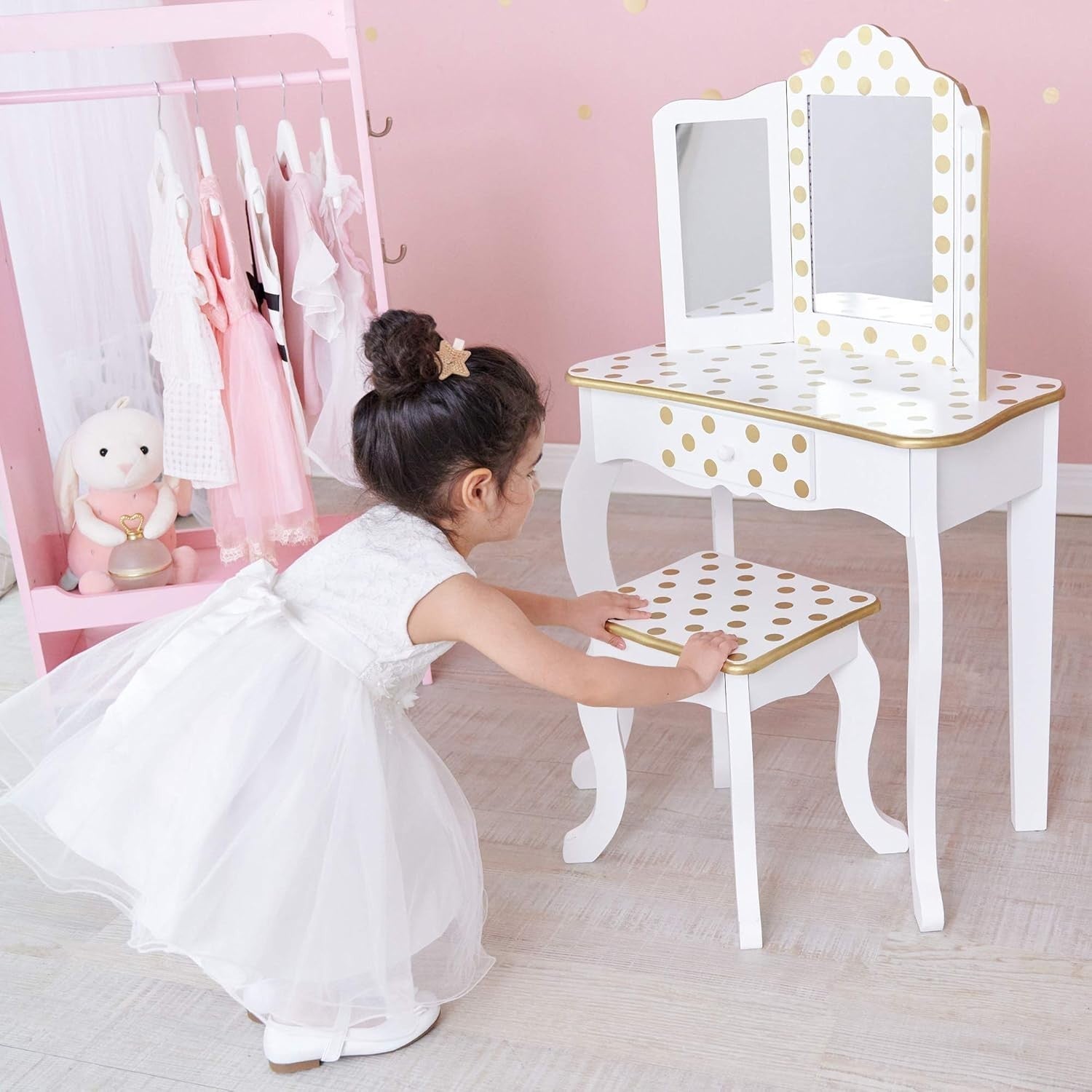 Kids Vanity Table Set with Light Mirror White Gold – Wooden Makeup Desk