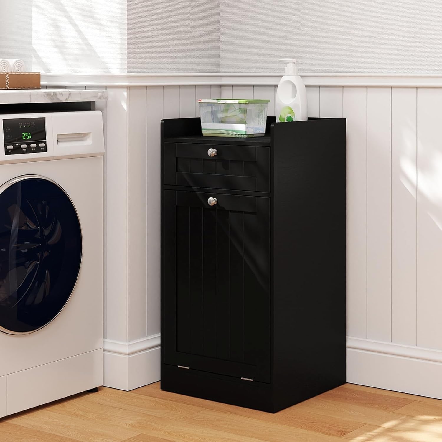 Black Tilt-Out Laundry Cabinet with Drawer & Removable Liner Modern Bathroom Sto
