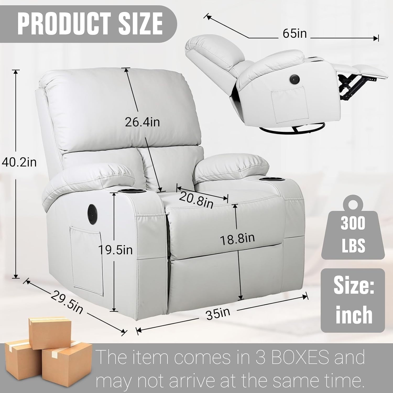 Massage Rocker Recliner with Heat 360° Swivel USB Ports Vibration Light Grey