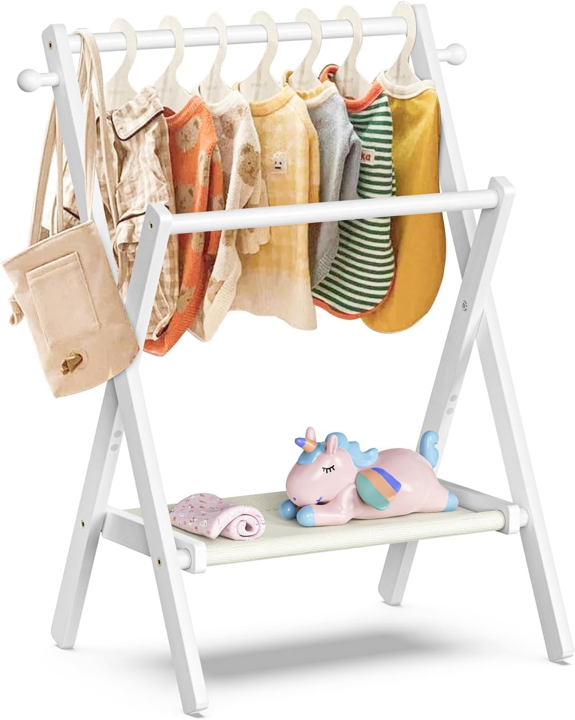 Baby Clothes Rack with Shelf, Double Rods, Bamboo White
