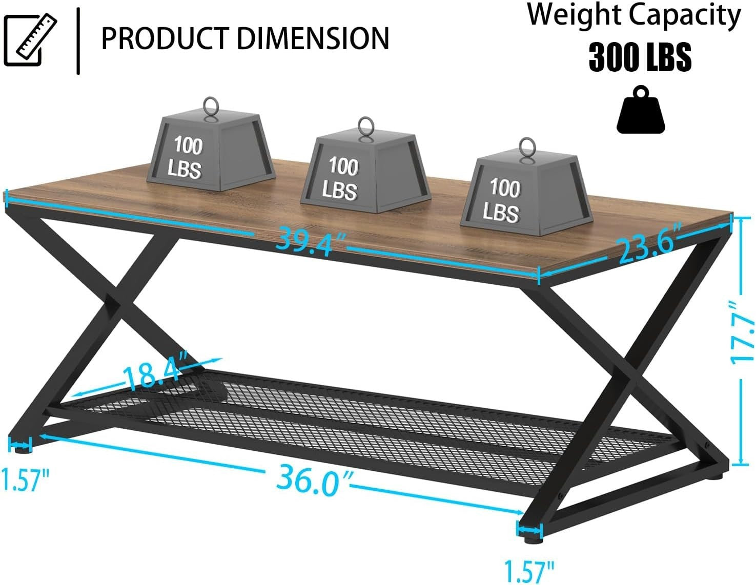 Rustic Oak Industrial Coffee Table with Mesh Shelf – 2 Tier Wooden Living Room