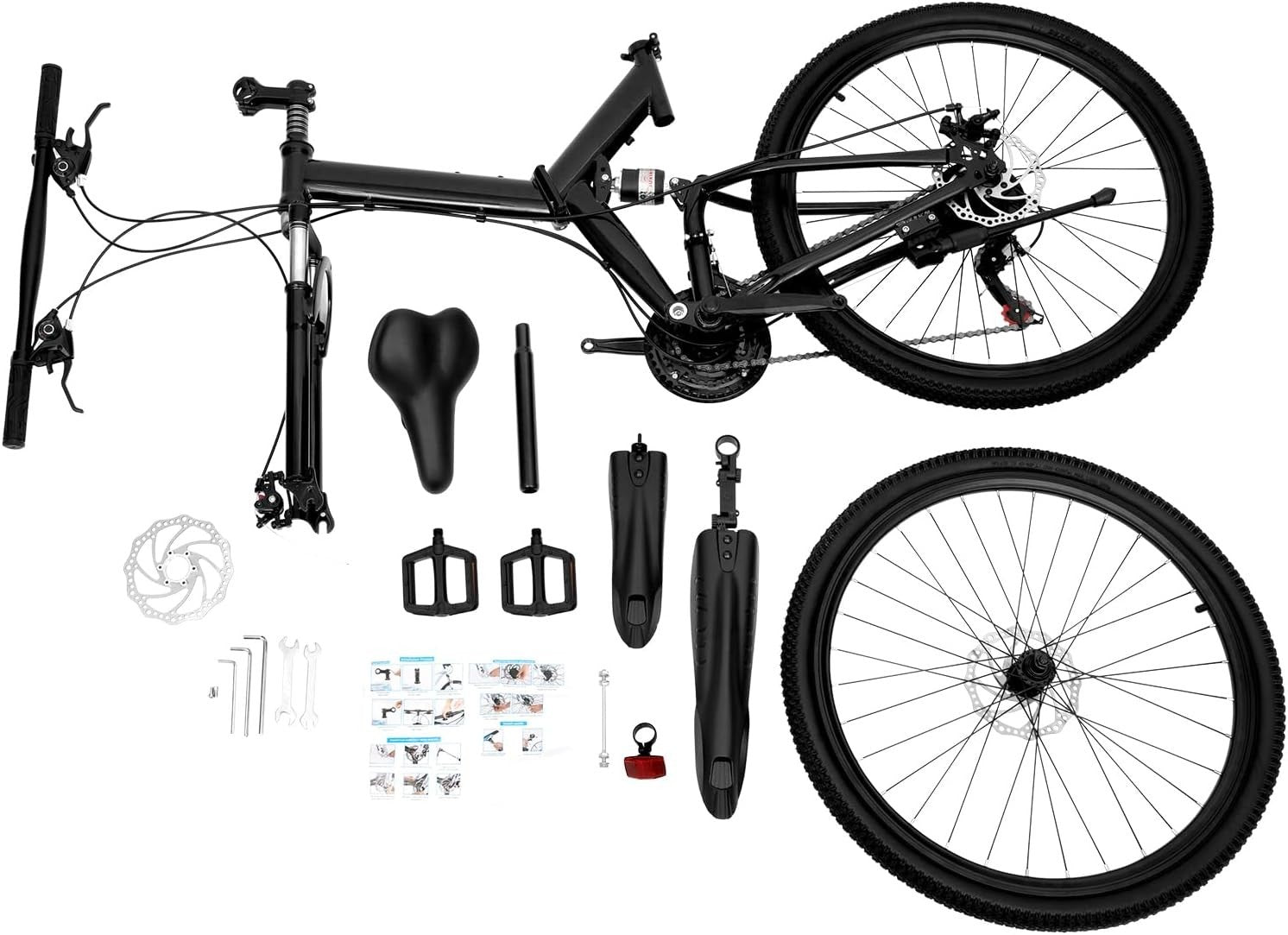 26" Folding Mountain Bike 21 Speed Disc Brakes Carbon Steel Frame Mudguard