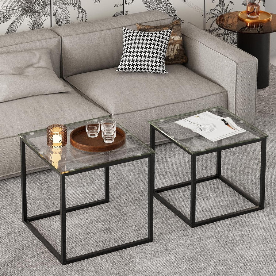 Modern Nesting Coffee Table Set Black Glass End Tables Metal Frame Square