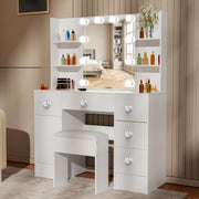 White Vanity Set Dressing Table Mirror LED Light 3 Drawers Storage Desk 140H