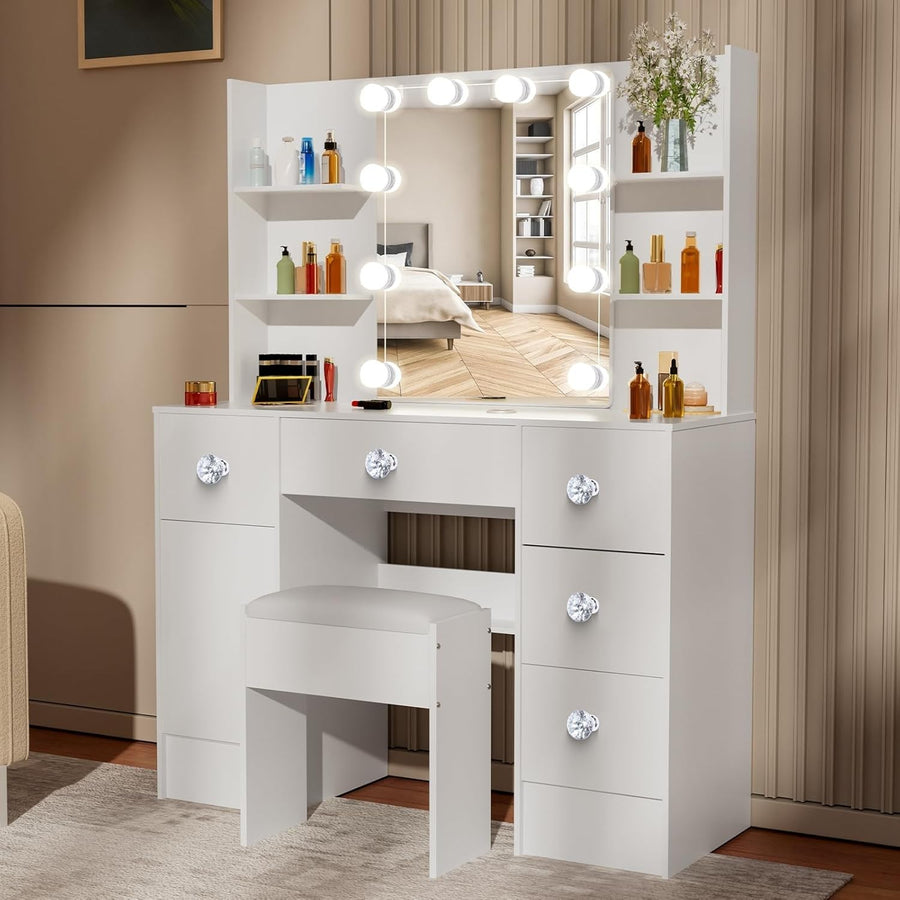 White Vanity Set Dressing Table Mirror LED Light 3 Drawers Storage Desk 140H