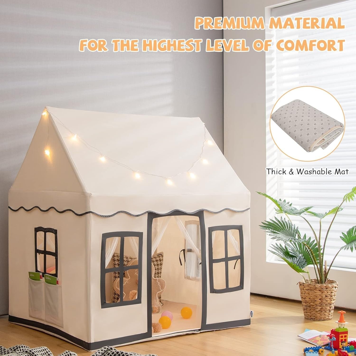Large Kids Princess Play Tent Indoor Outdoor w Washable Mat Lights