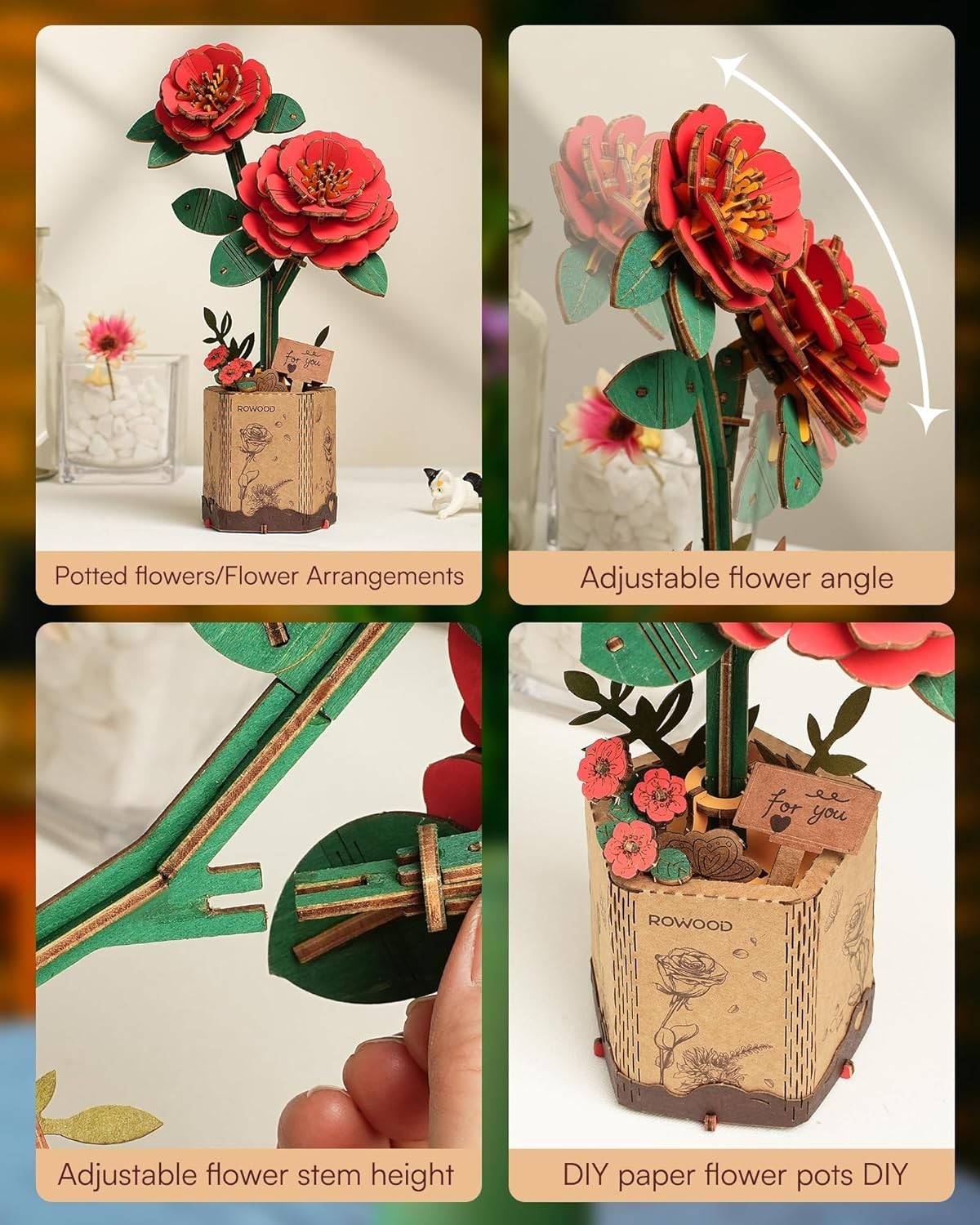DIY 3D Wooden Red Camellia Flower Puzzle Kit – Unique Gift & Decor