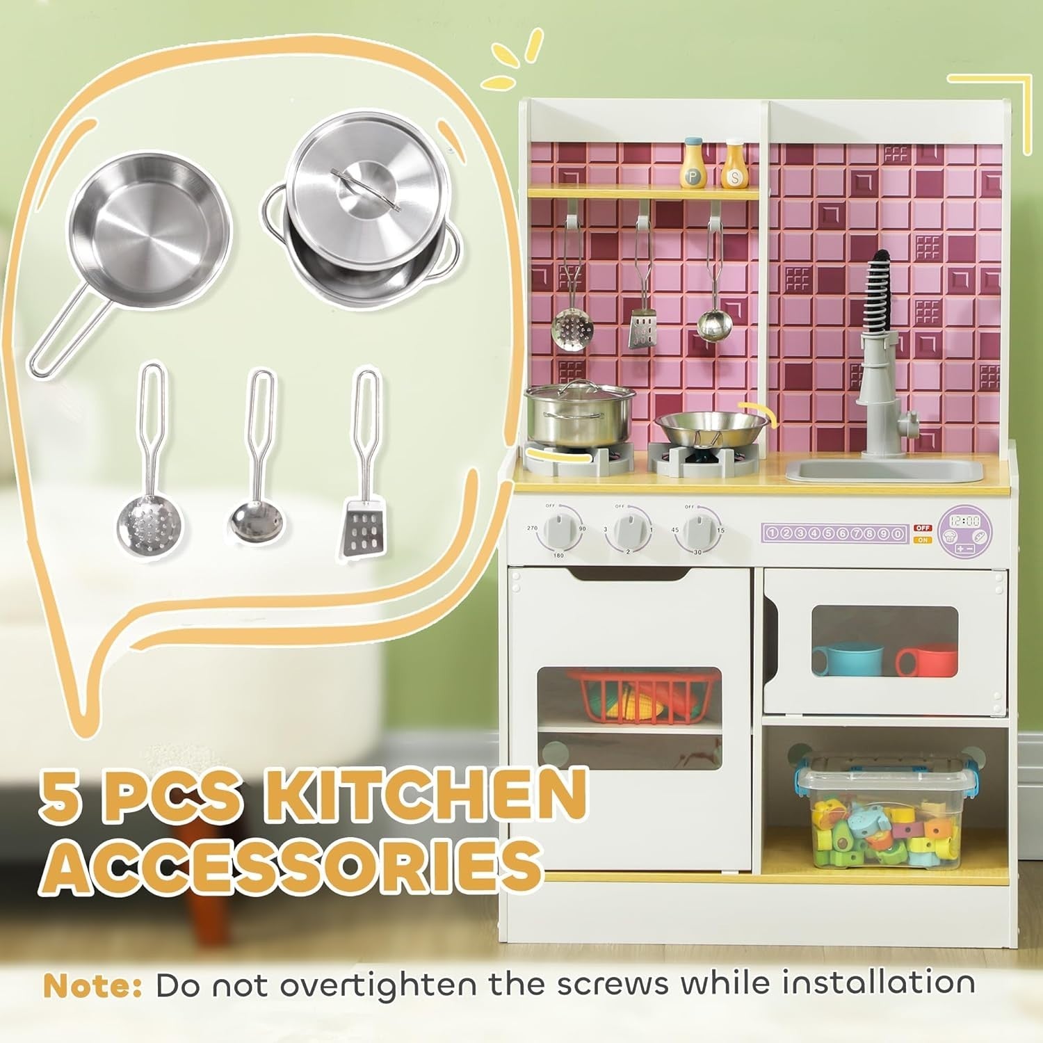 Kids Wooden Play Kitchen w/ Lights Sounds Oven Sink White Toy