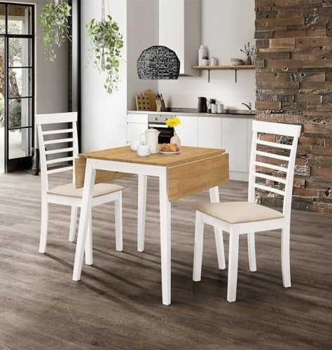 Small Drop Leaf Dining Table & 2 Chairs White & Oak Foldable Set