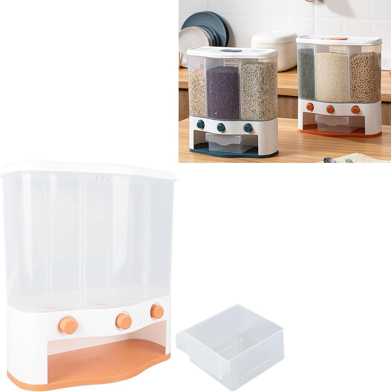 6L Triple Grain Dispenser Rice Storage Box Clear Window Food Container