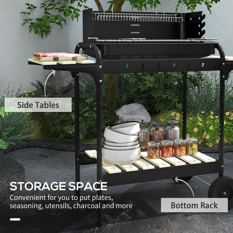 Charcoal BBQ Grill Trolley with 5-Height Levels, Shelves, Wheels & Warmer