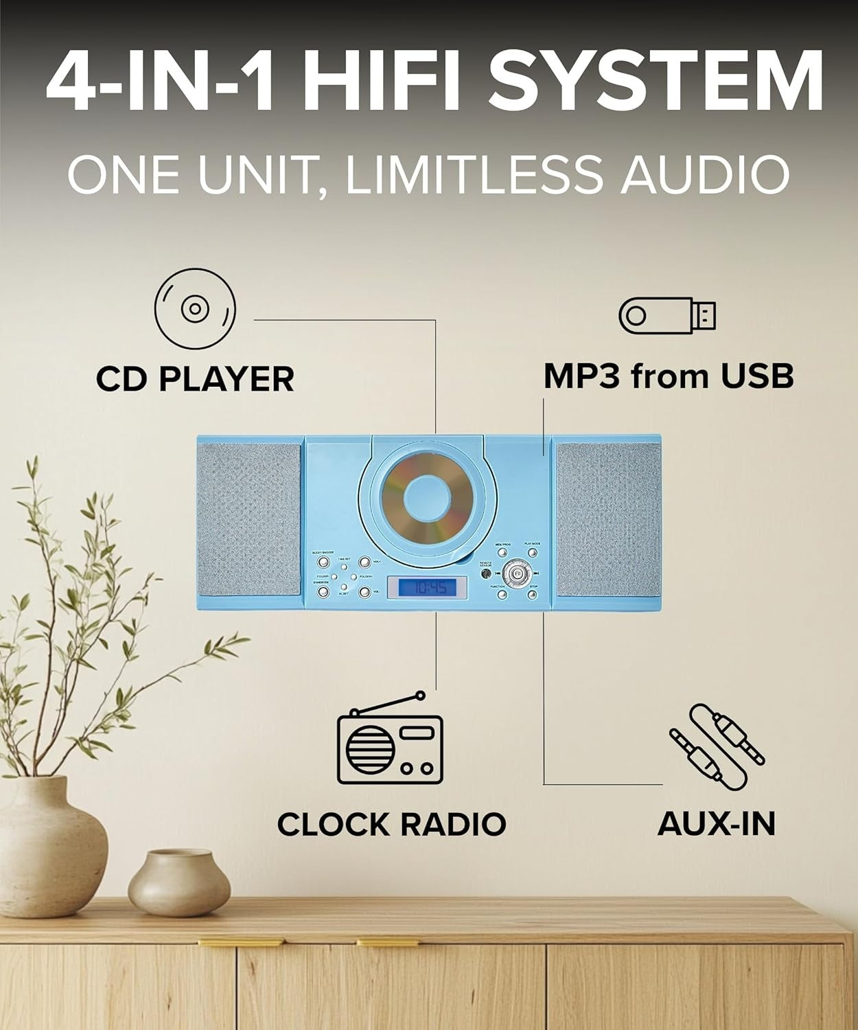 HiFi CD Player Speakers FM Radio USB AUX Alarm Clock Remote Blue