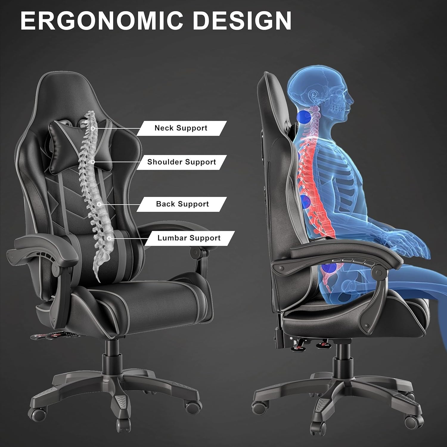 Ergonomic Gaming Office Chair PU Leather Recliner Swivel 150kg Max Load Grey