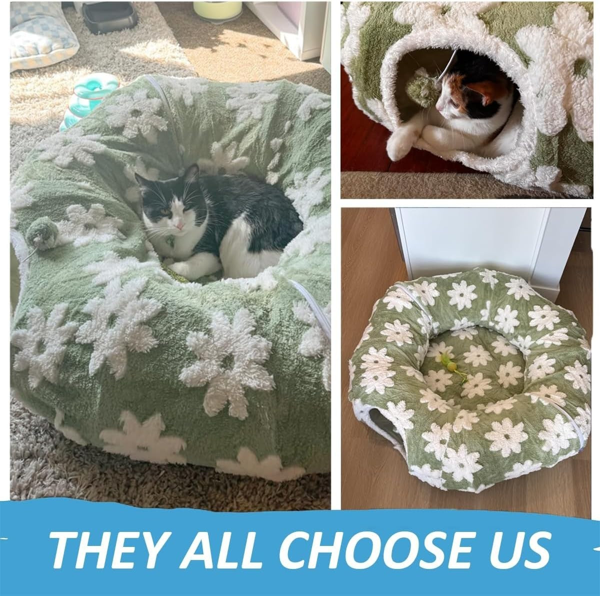 2 in 1 Cat Tunnel Bed Donut Play Toy w Washable Cushion Green