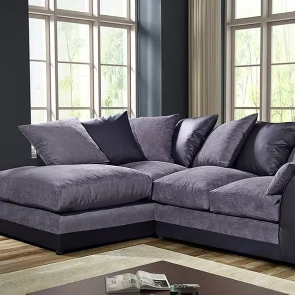 4 Seater Modular L Shape Sofa - Black Leather & Grey Chenille, Scatter Back Comf