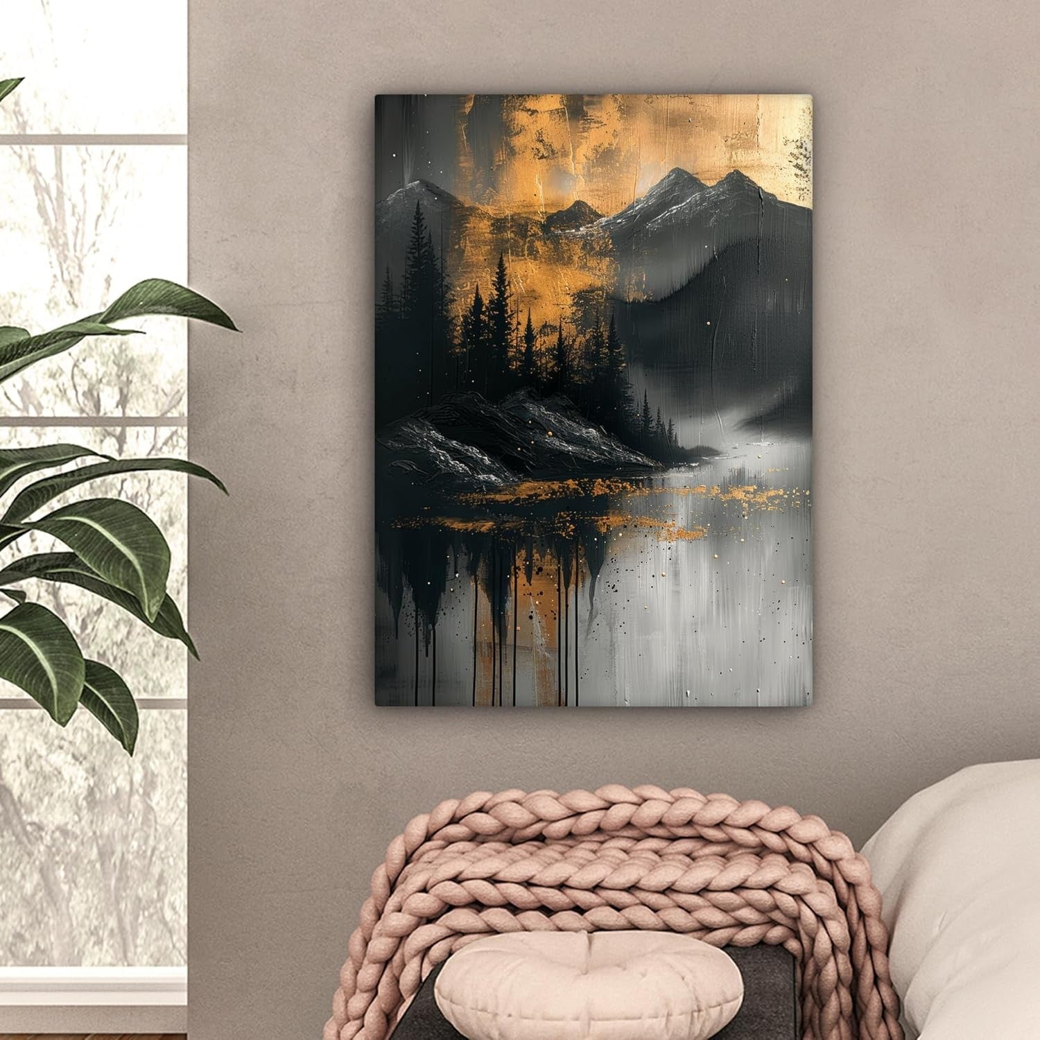 Forest Mountain Canvas Wall Art 50x70cm Gold Black Framed