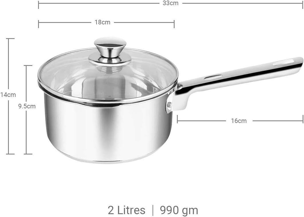 18cm Stainless Steel Saucepan Milk Pan with Glass Lid Induction Dishwasher Safe