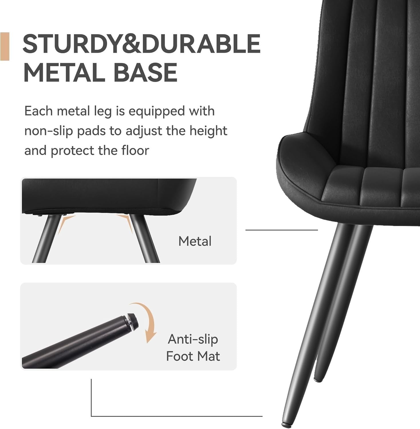 2 Black Upholstered Dining Chairs Modern Padded Seat Metal Legs Kitchen
