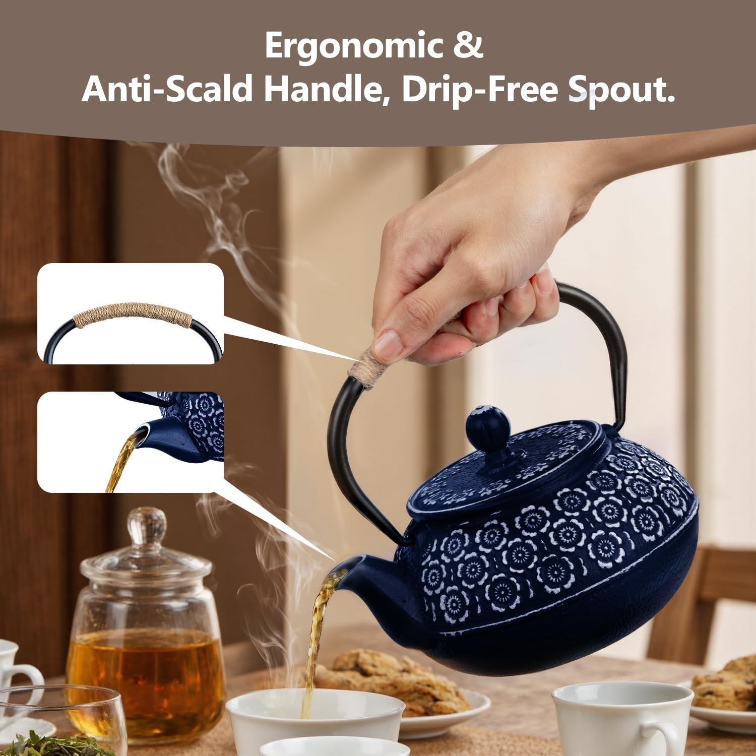 Cast Iron Teapot 900ml Japanese Tetsubin Tea Kettle w Infuser Blue