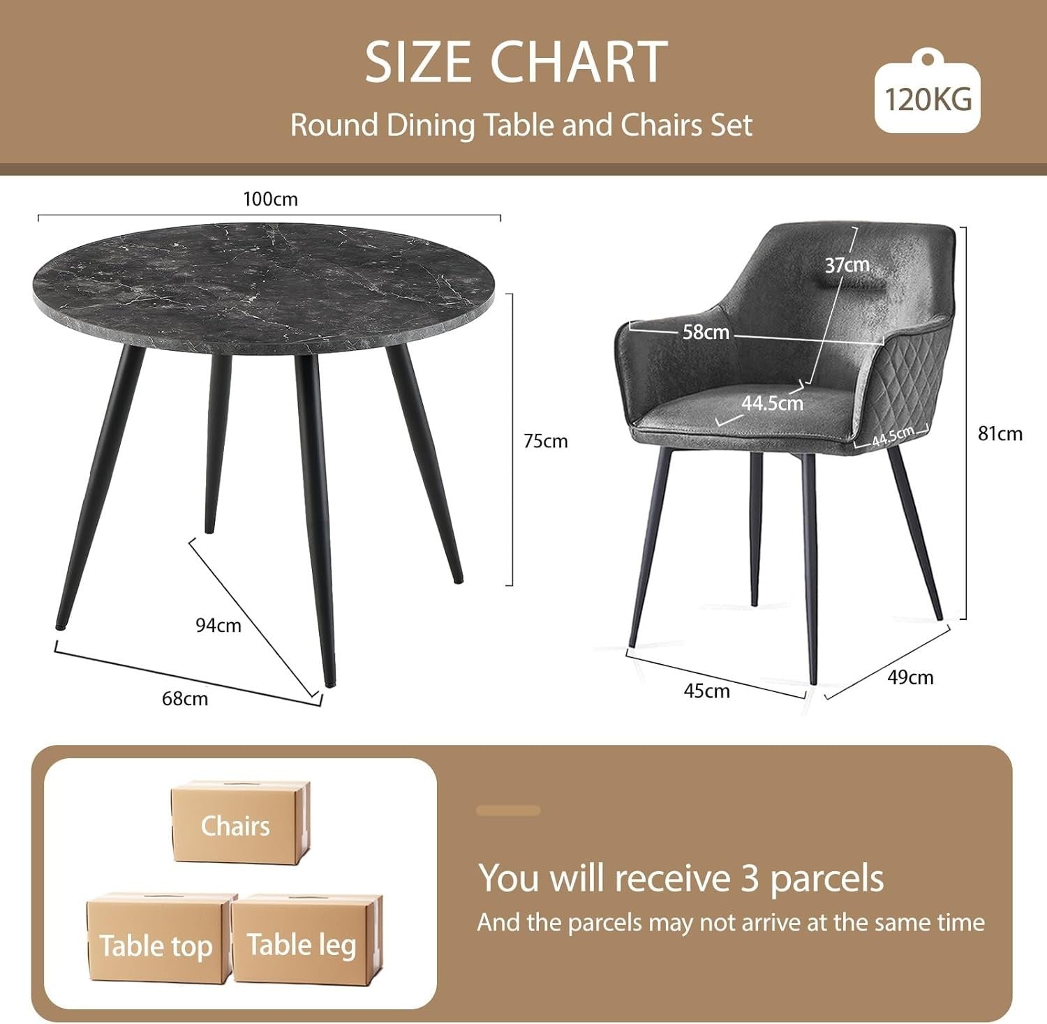 Round Black Marble Dining Table Set with 2 Grey Faux Suede Chairs Kitchen