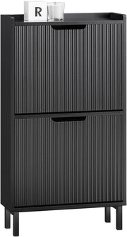 Slim Black Shoe Cabinet 2 Flip Drawers Narrow Hallway Storage 19cm Deep
