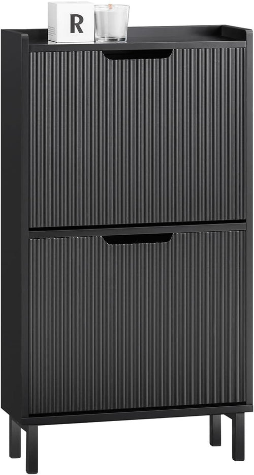 Slim Black Shoe Cabinet 2 Flip Drawers Narrow Hallway Storage 19cm Deep