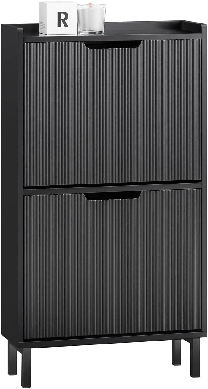 Slim Black Shoe Cabinet 2 Flip Drawers Narrow Hallway Storage 19cm Deep
