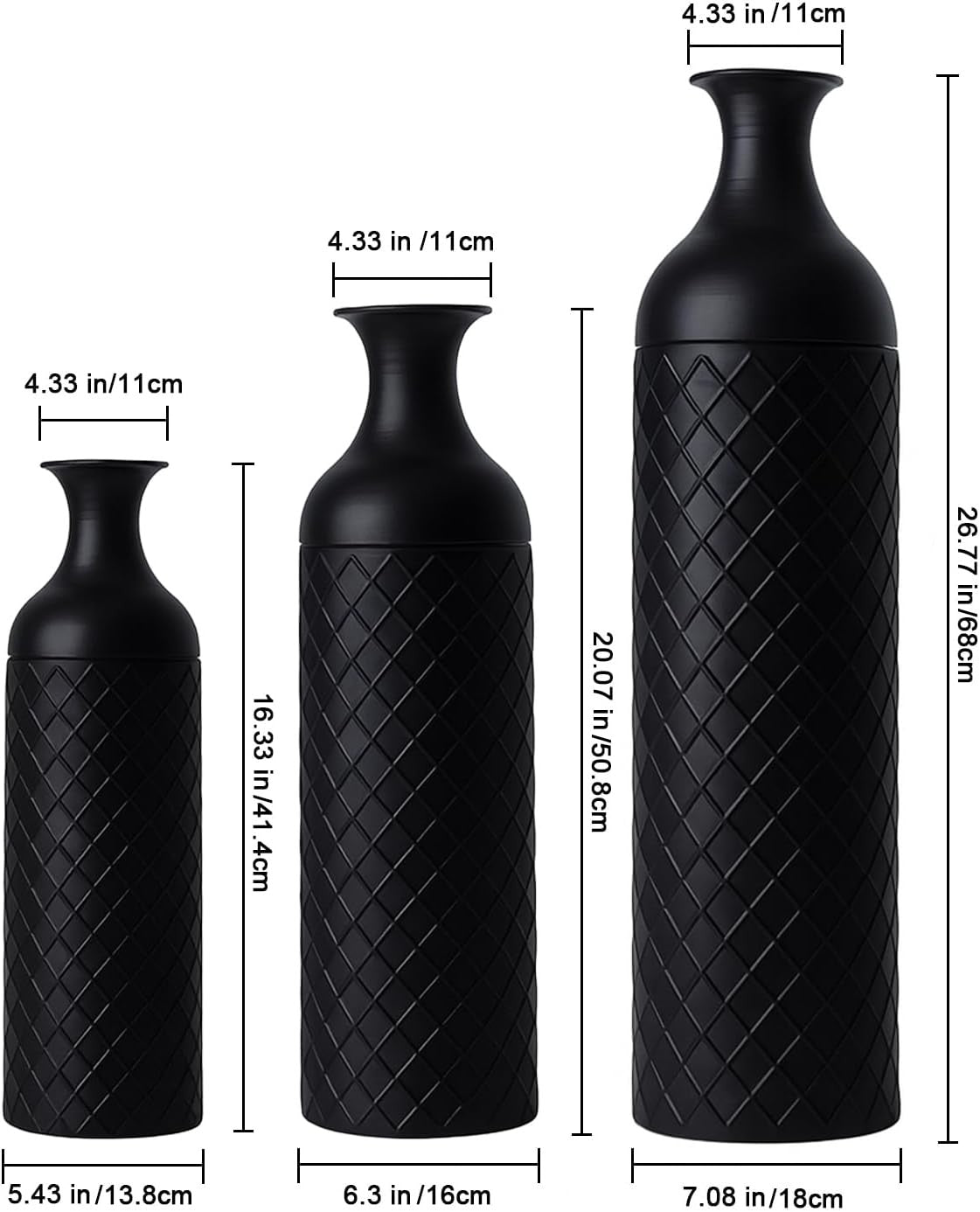 Tall Black Metal Floor Vases Set of 3 Modern Standing Home Decor
