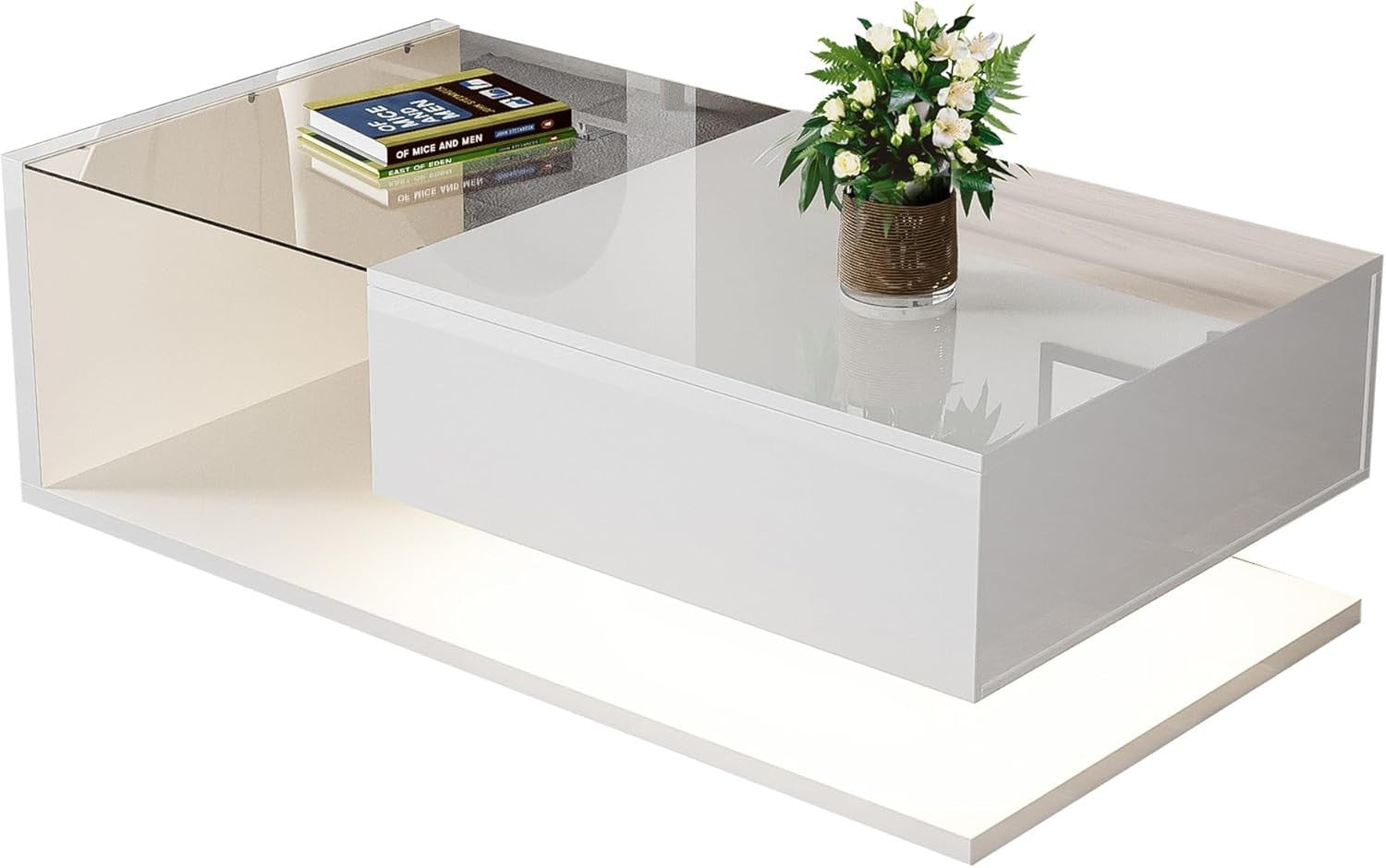 LED Coffee Table with Storage Compartment & 16-Color Lights, 105x55x32.5cm
