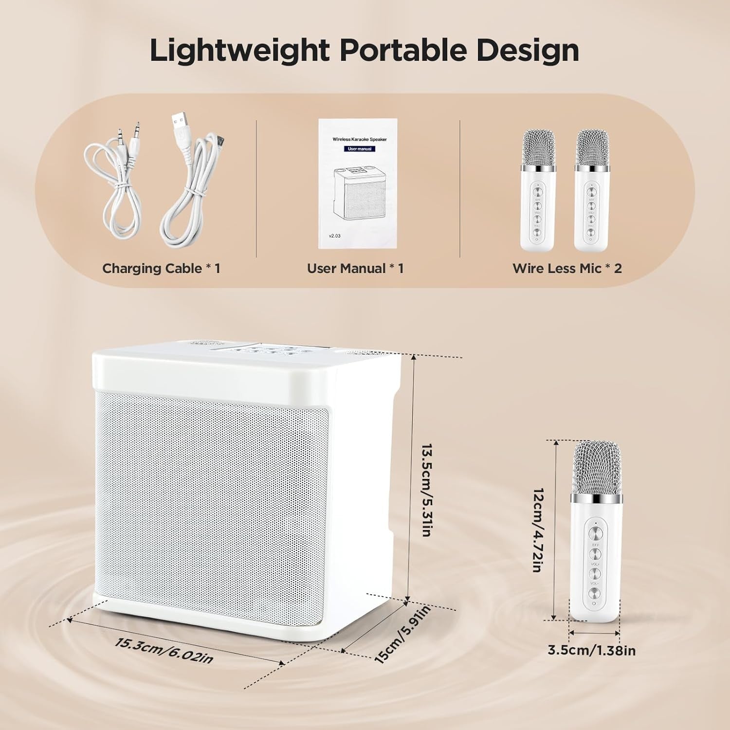 White Portable Karaoke Machine 2 Wireless Mics Bluetooth Speaker