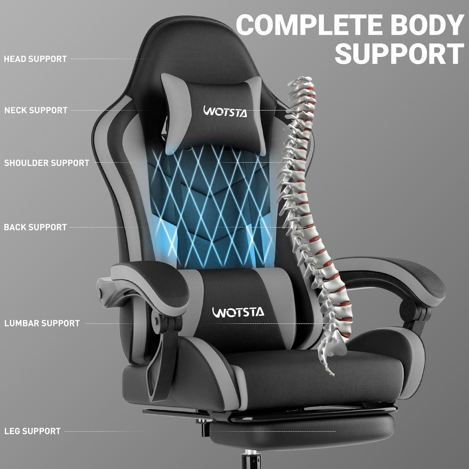 Ergonomic Gaming Chair with Footrest & Lumbar Support – Black Grey PC Seat