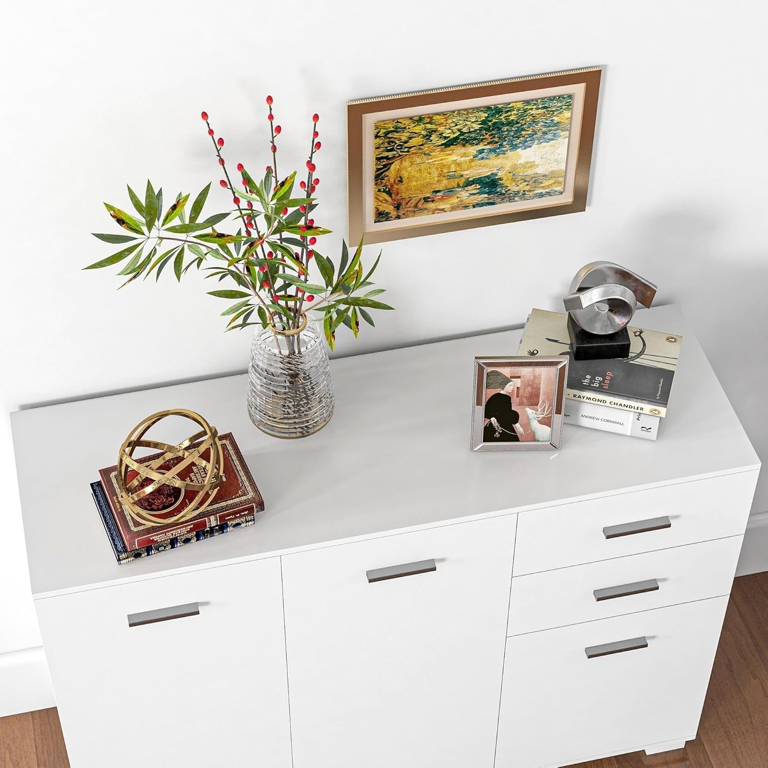 Modern White Sideboard Cabinet with 2 Drawers & 3 Doors – Adjustable Shelves