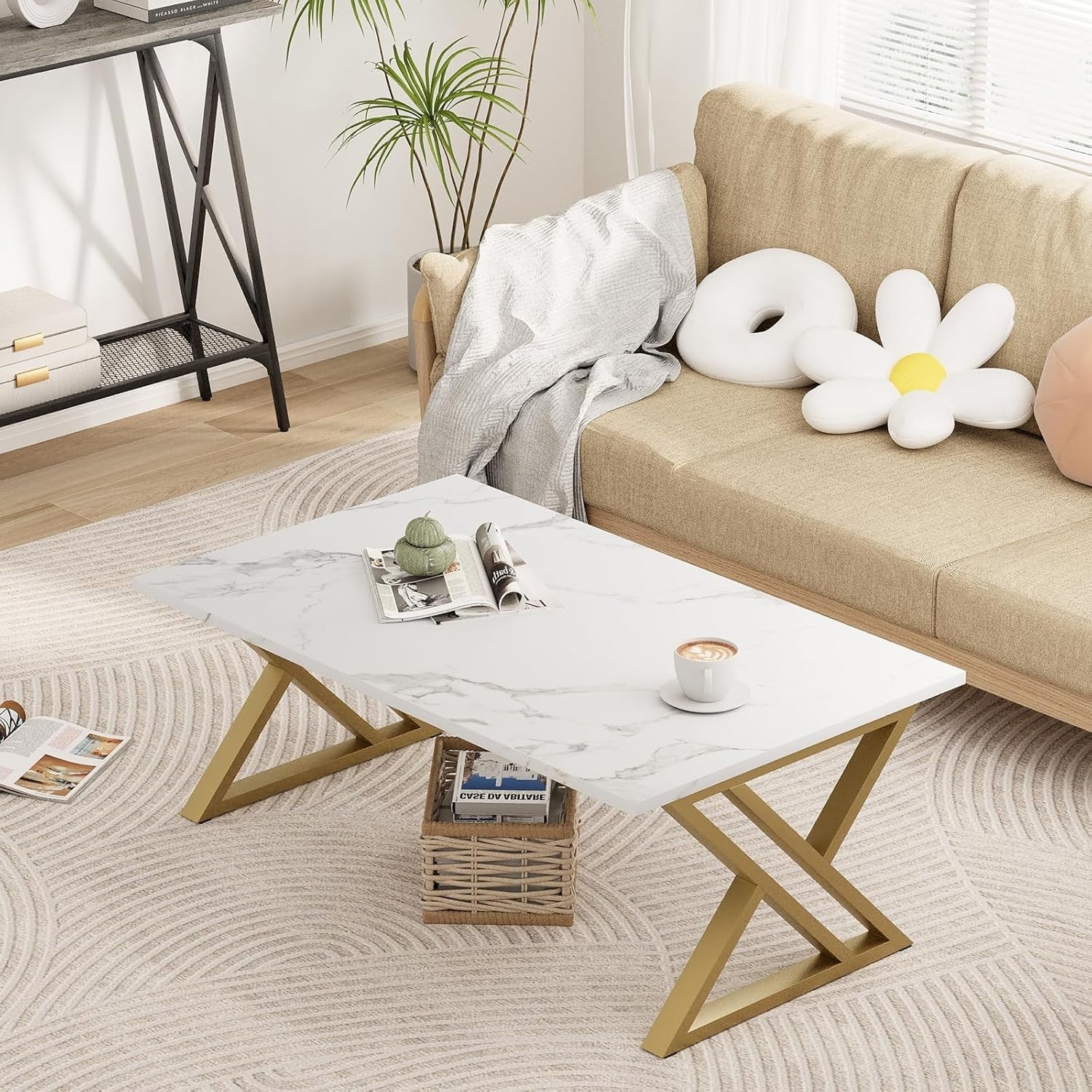 Modern White Gold Coffee Table Rectangular Living Room Table Open Storage