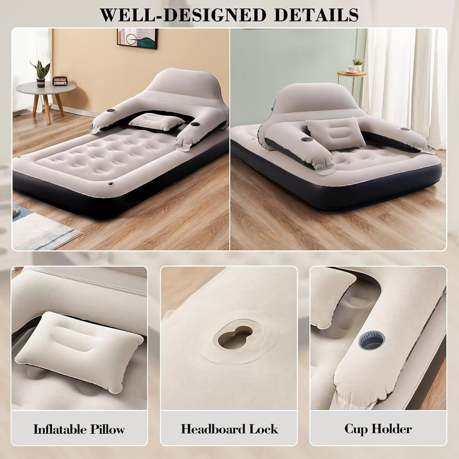 Twin Inflatable Air Mattress Sofa Bed with Headrest, Pillow & Cup Holders