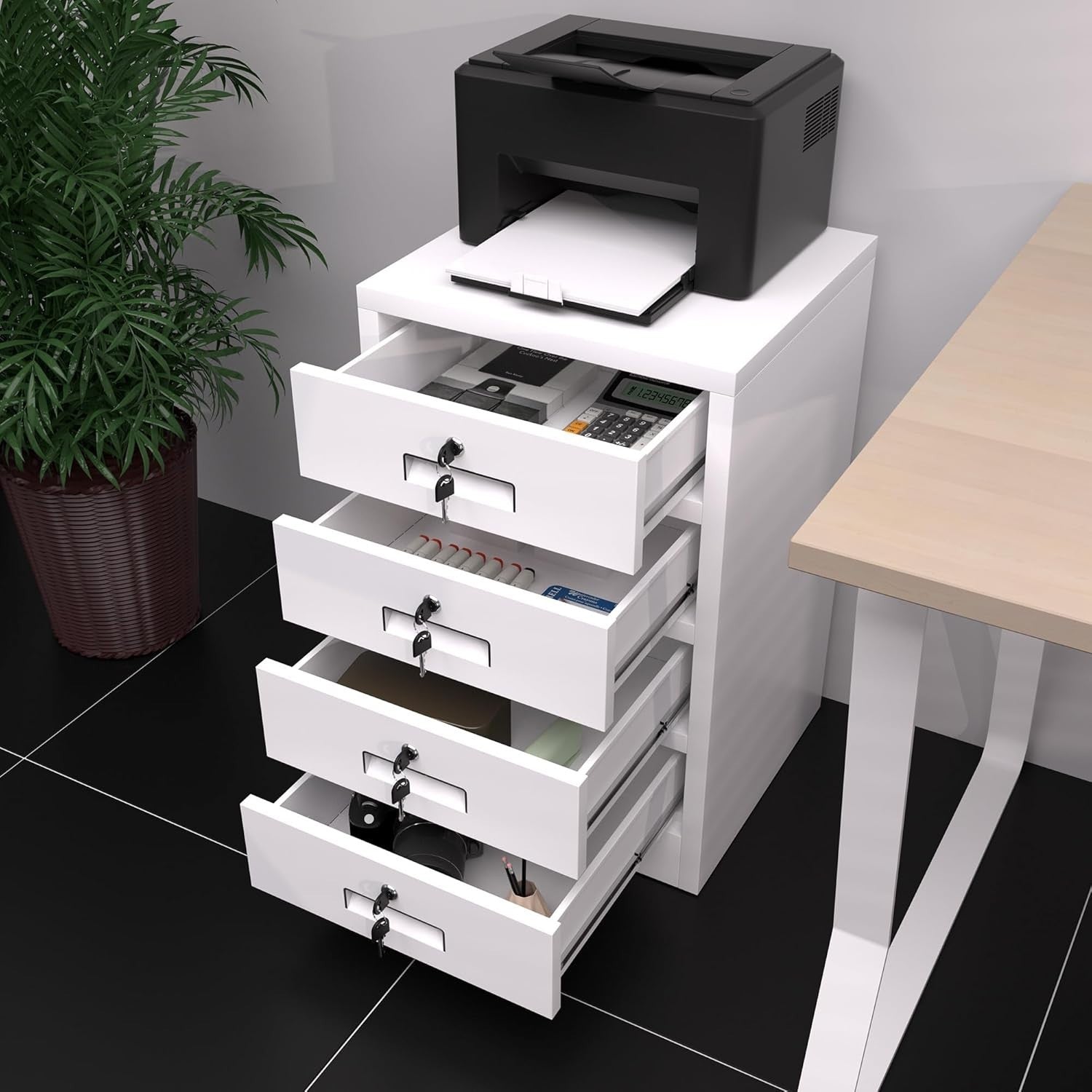 4 Drawer Metal Storage Cabinet Lockable Office Home Organiser White