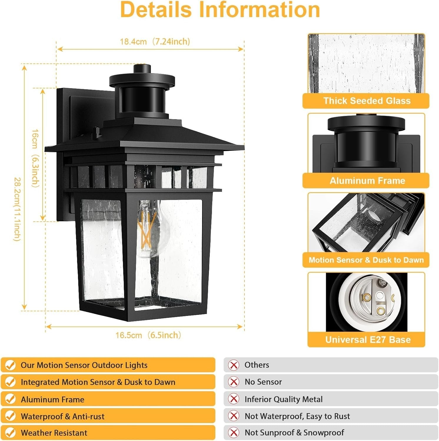 Motion Sensor Outdoor Wall Light Dusk to Dawn Waterproof Lantern E27