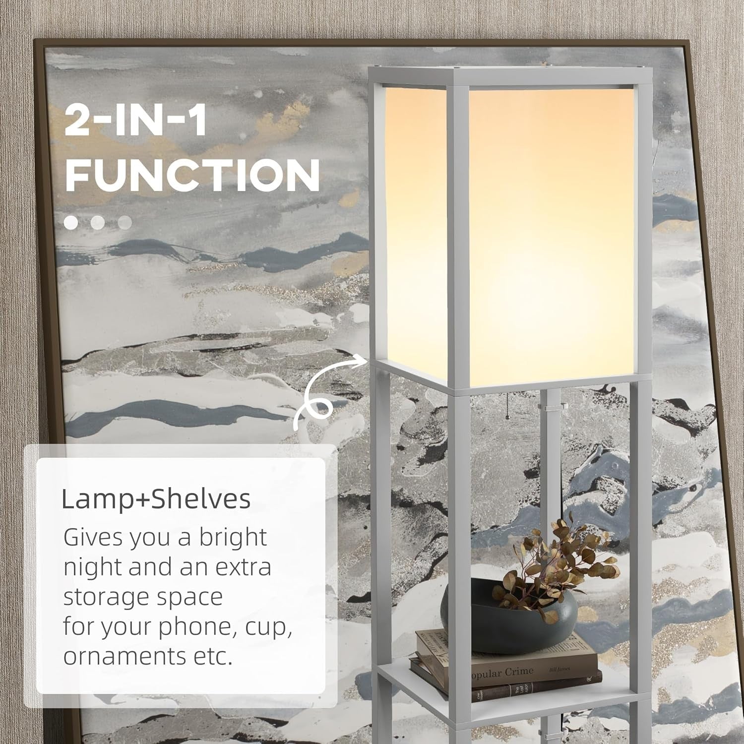Floor Lamp with Shelves Dual Light Modern Corner Standing Lamp Fabric Shade