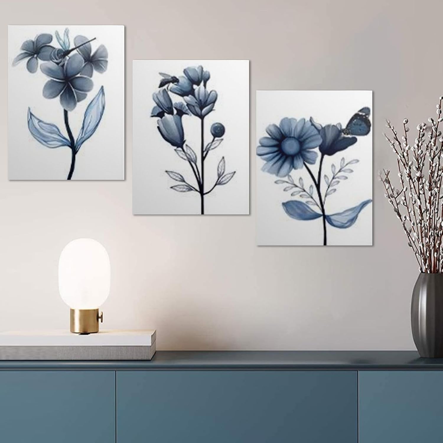 Blue Floral Wall Art Set of 3 Framed Canvas Prints 30x40cm Decor