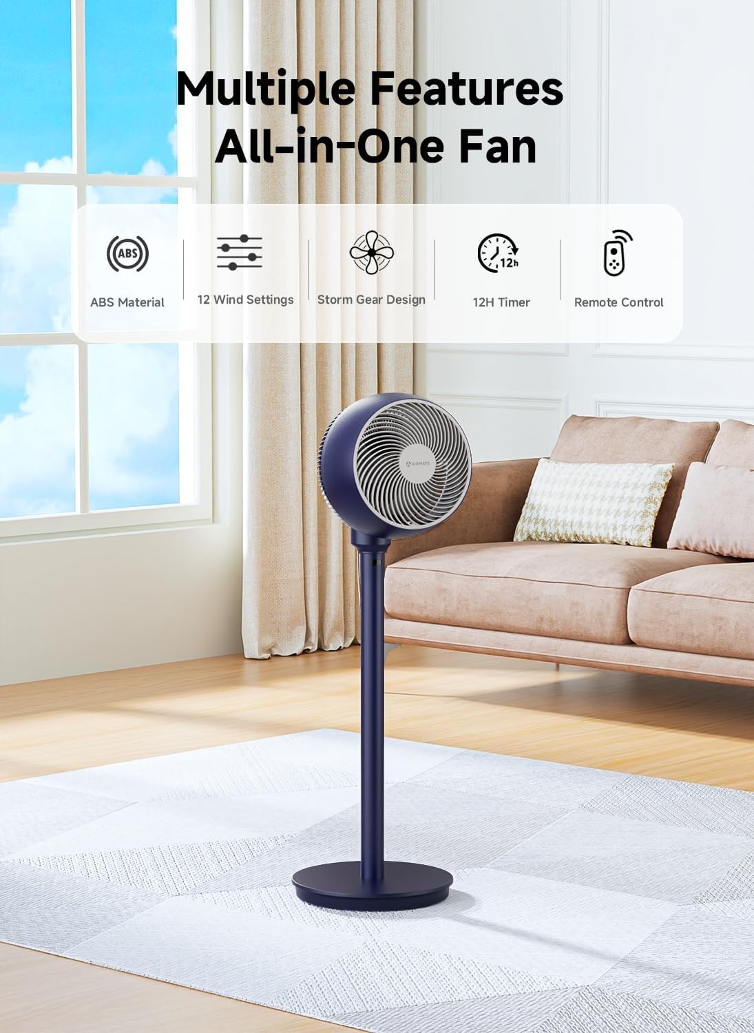 Pedestal Standing Fan 12-Speed Quiet Air Circulation Fan w/ Remote – 40in Adjust