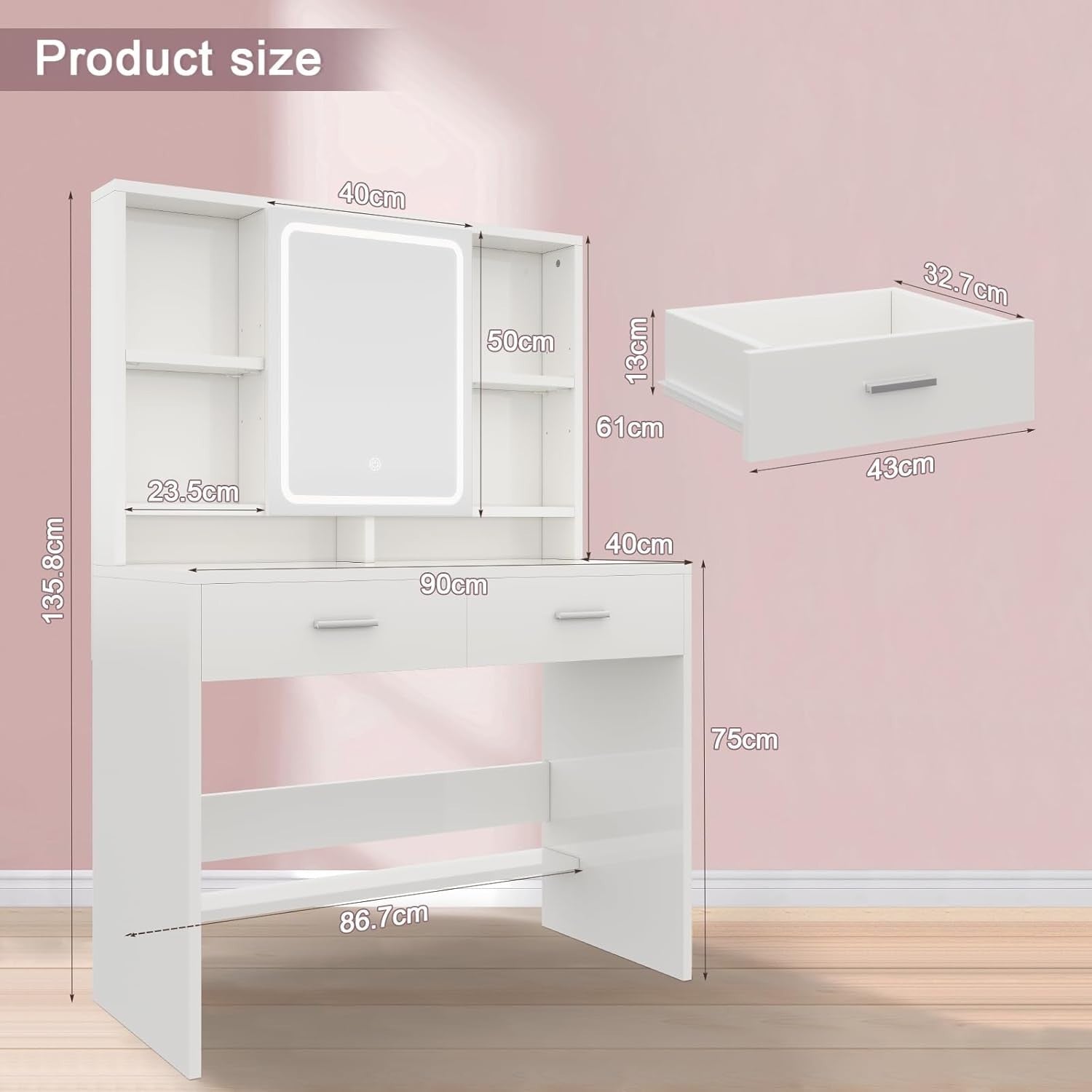 White Dressing Table Set with Lighted Mirror Desk Storage Drawers Modern Makeup