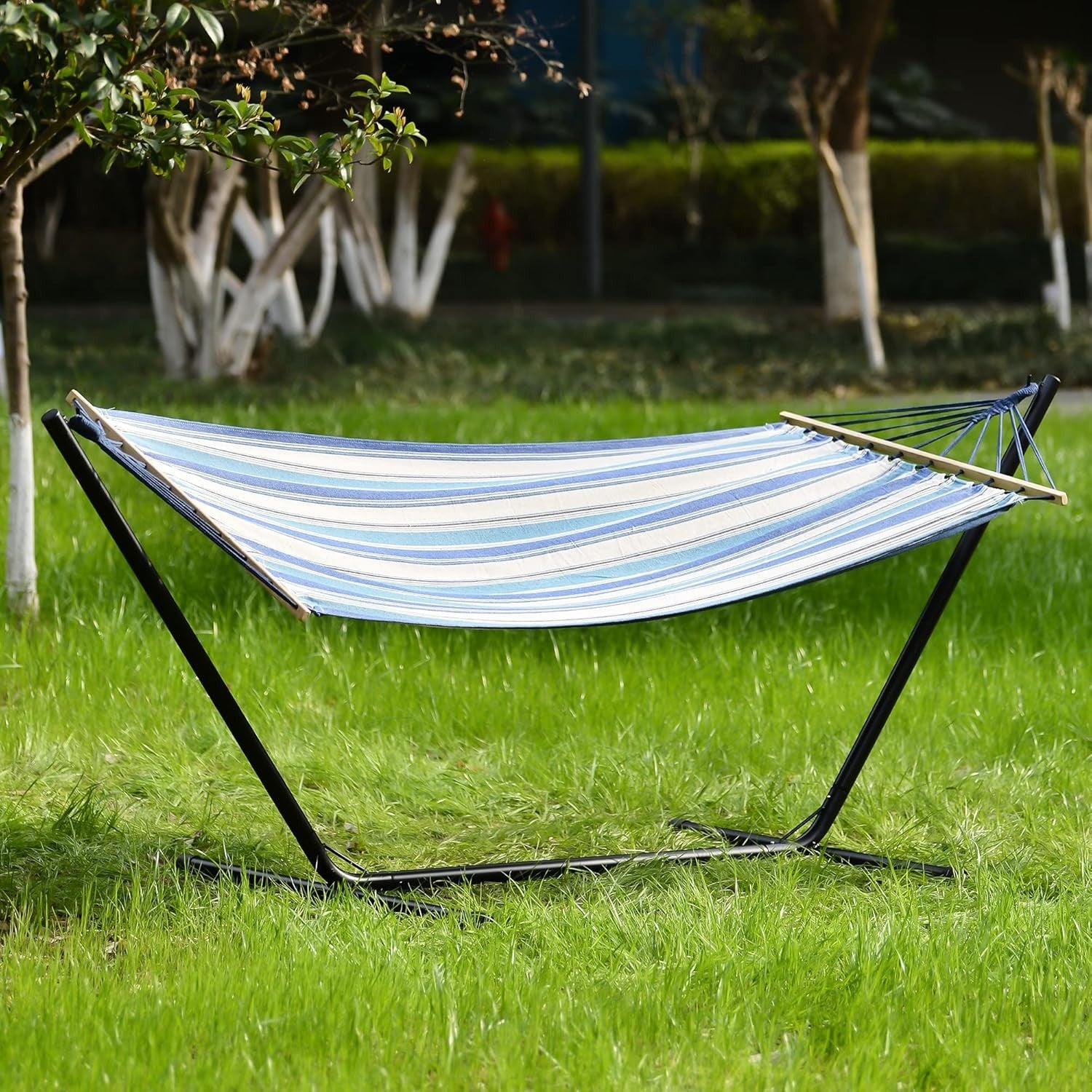 Blue & White Hammock with Stand | Portable Cotton Swing Bed | 150KG Capacity