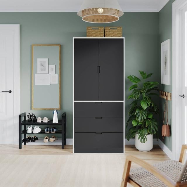 Tall Black Wardrobe with Rail & 3 Drawers | Modern 2 Door Bedroom Storage