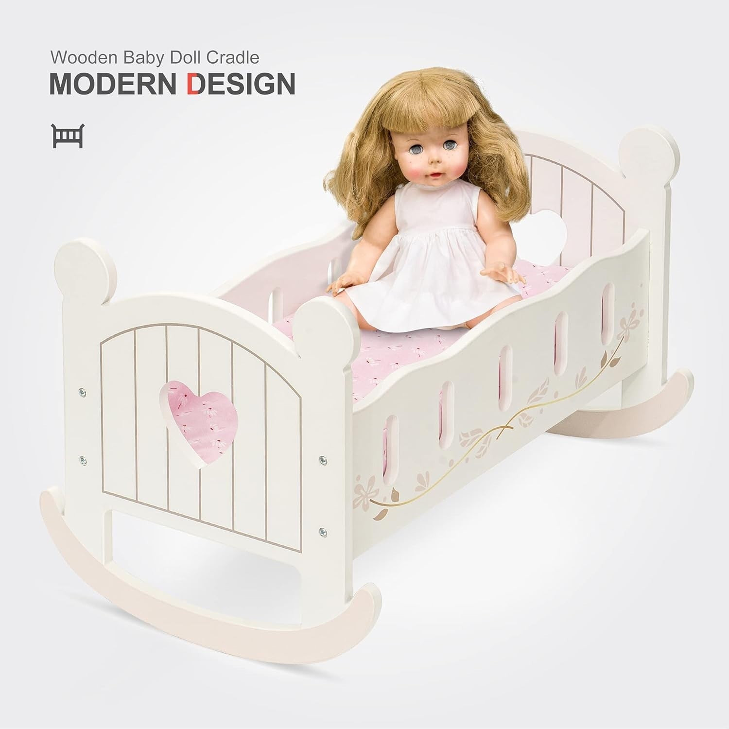 Wooden Doll Crib Bed with Bedding Rocking Cot Toy Furniture Gift for Kids