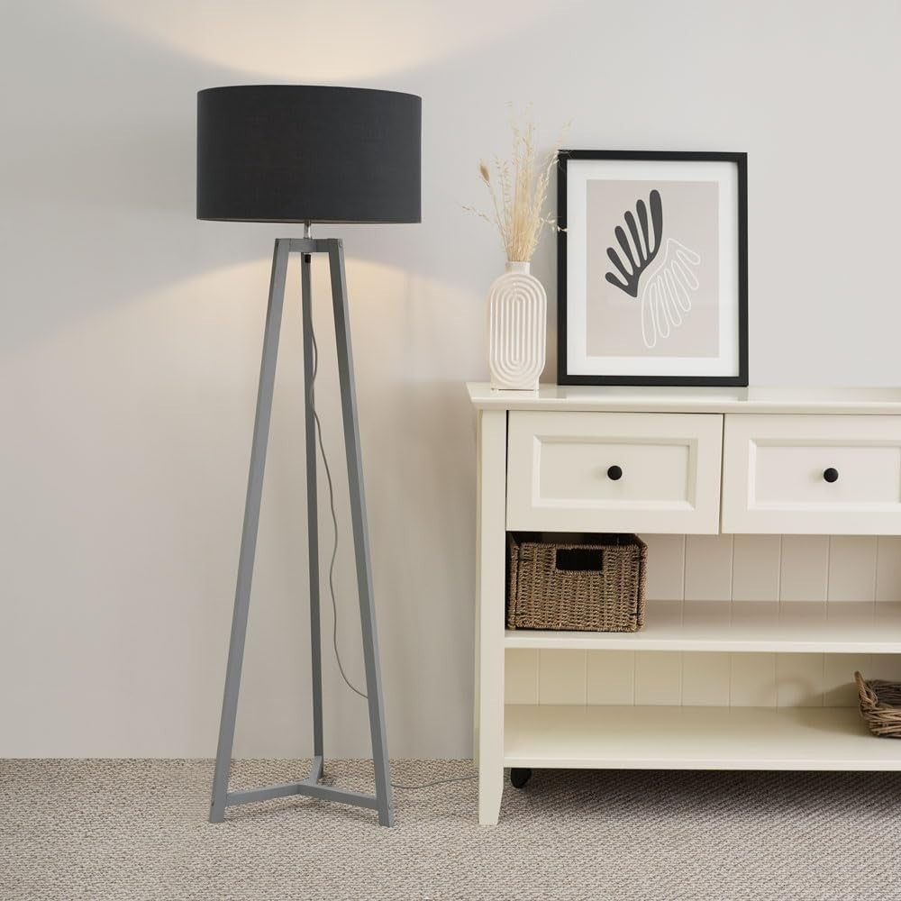 Grey Wooden Tripod Floor Lamp Charcoal Fabric Drum Shade LED Light
