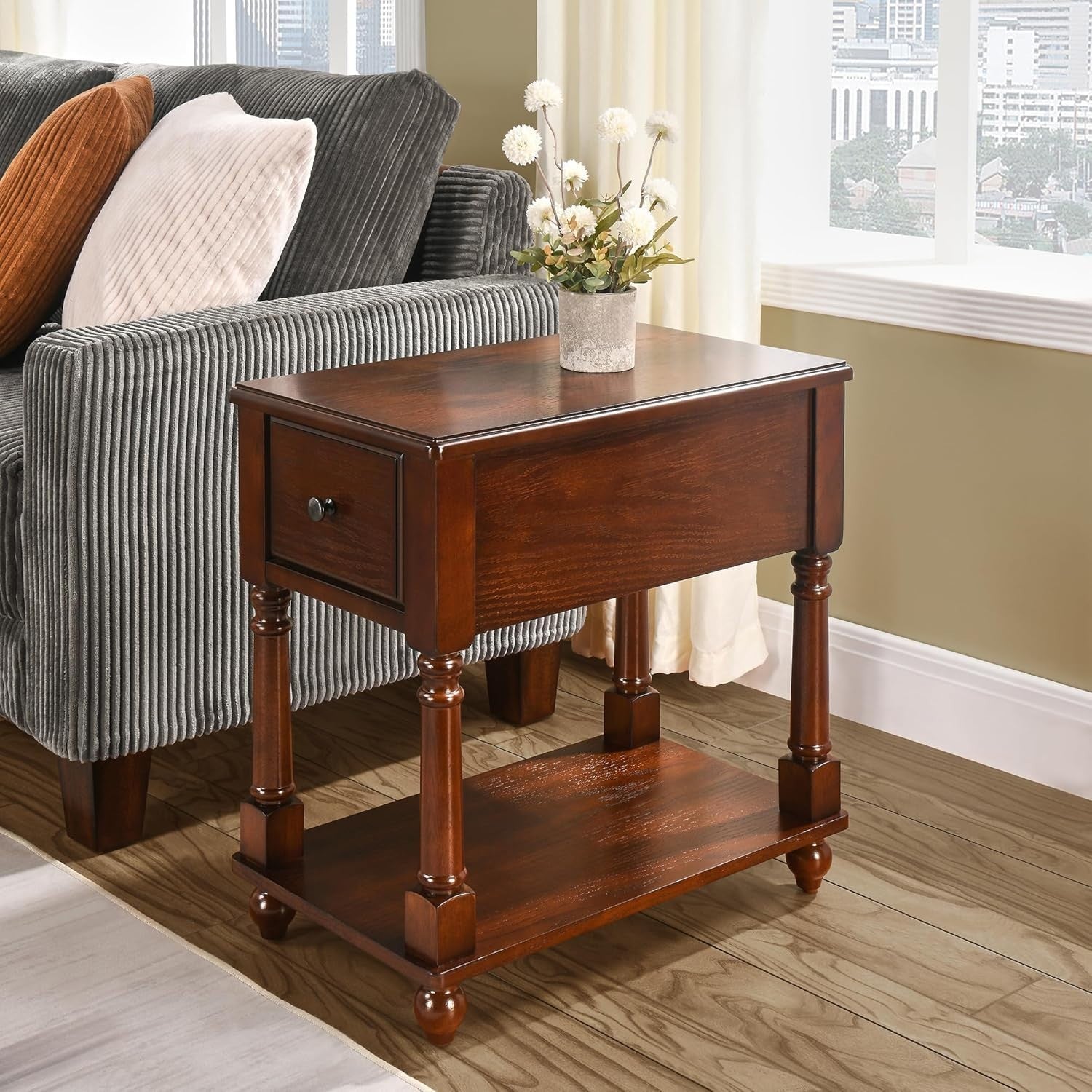 Pair of Solid Wood Walnut End Tables with Drawer & Shelf – Vintage Slim Tables